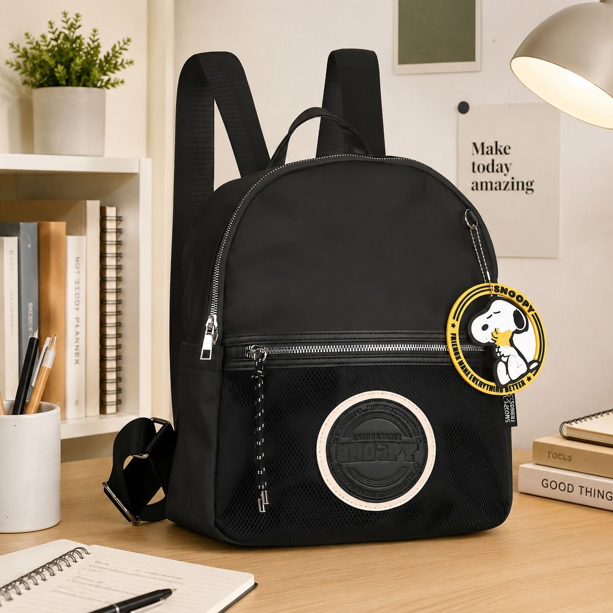 Mochila de Costas Snoopy com Chaveiro - Preto