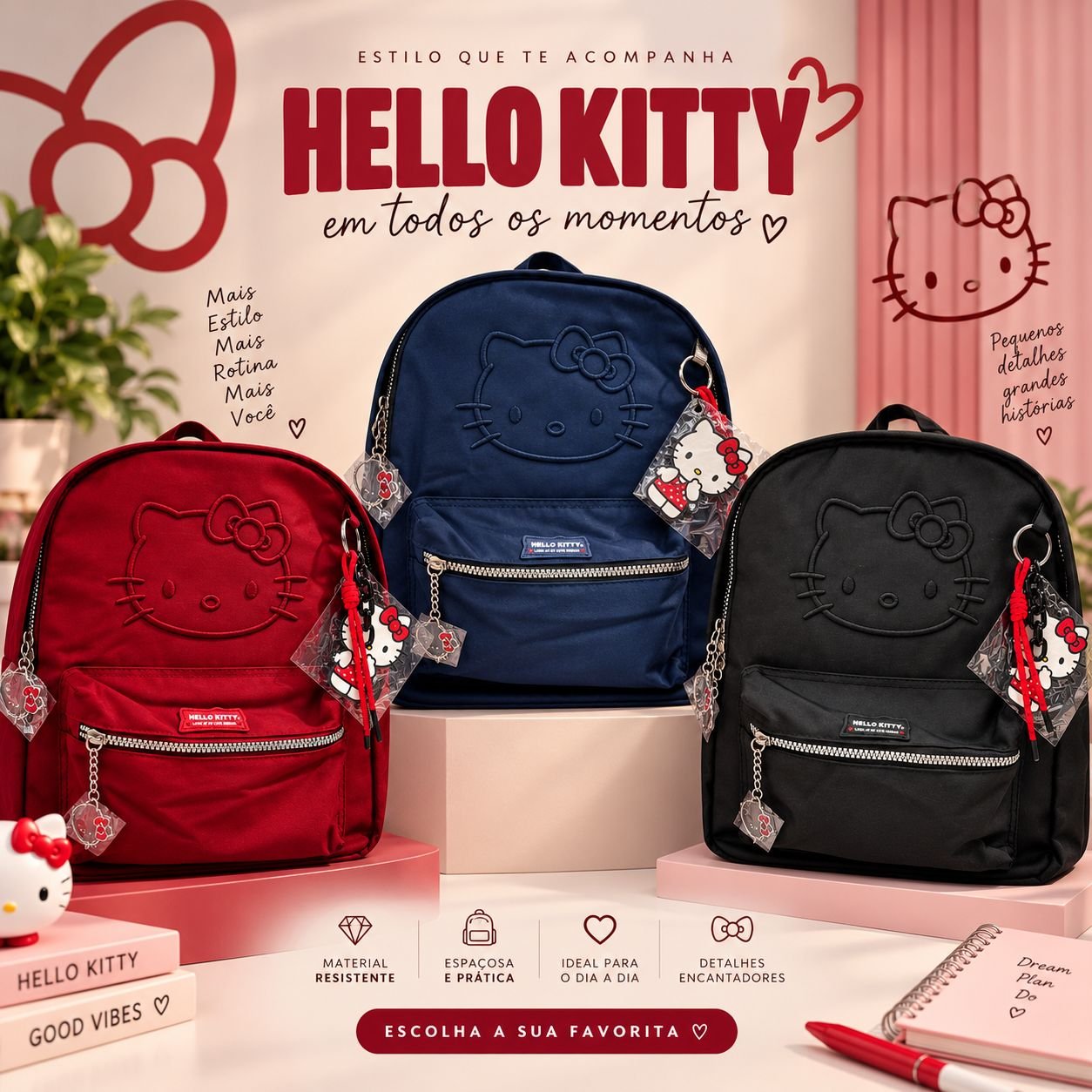 Bolsa Mochila com Alça para Costas Hello Kitty Oficial Semax