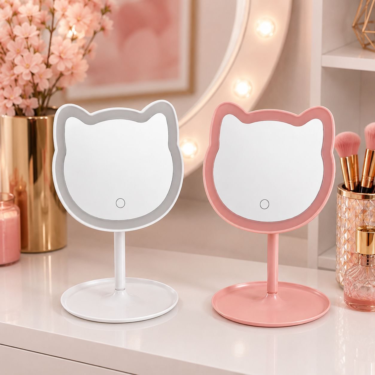 Espelho de Mesa Gatinho 33 Leds Articulado Portátil