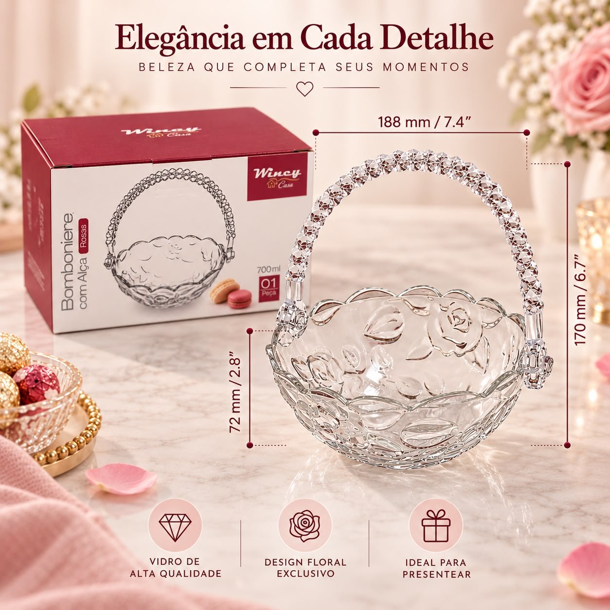 Bomboniere de Vidro com Alça 720ml Roses - Imagem 2