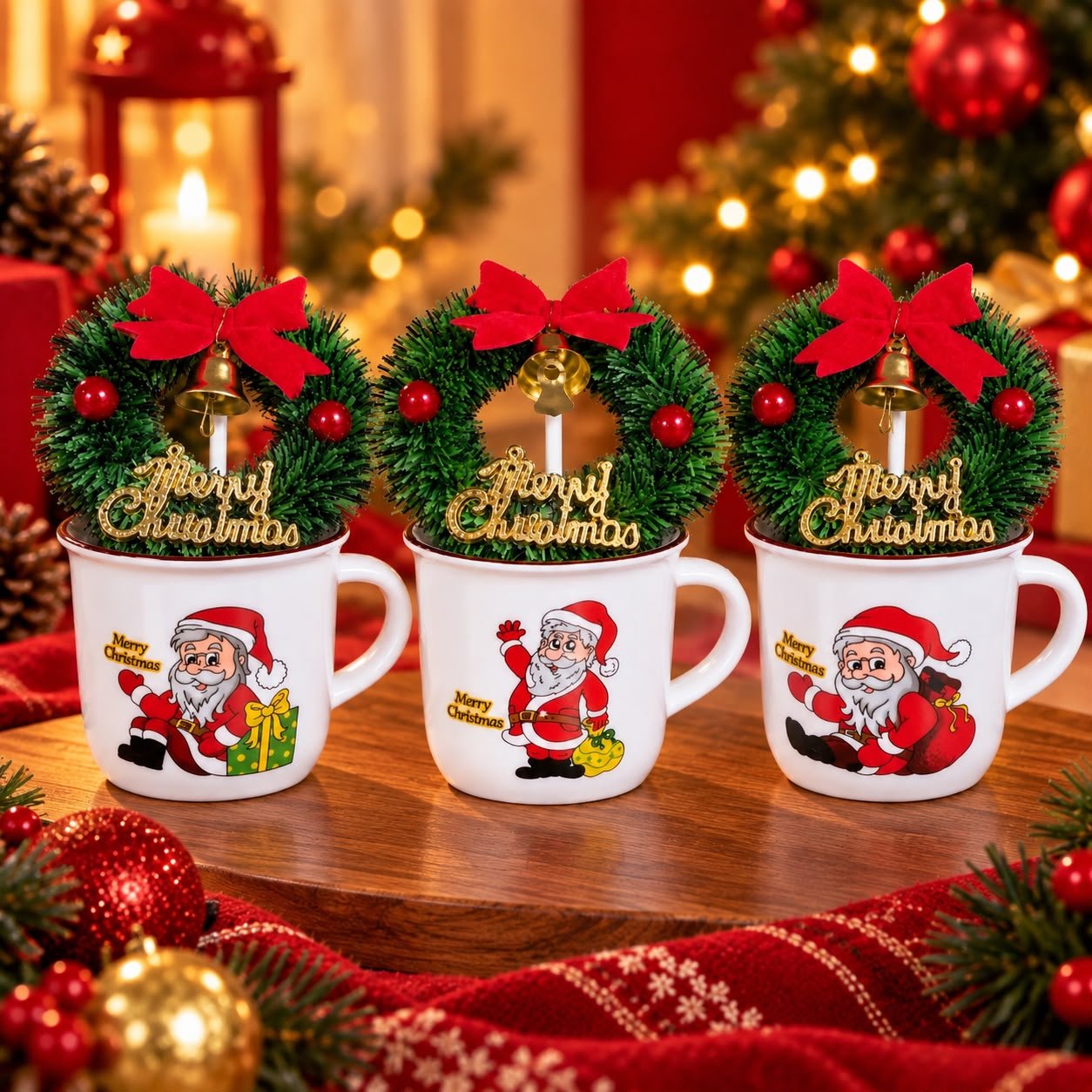 Caneca Natalina Papai Noel Com Guirlanda- Merry Christmas